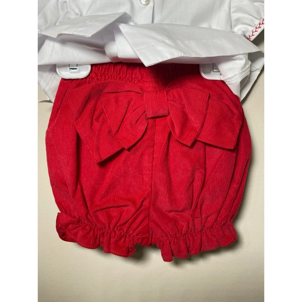 Zuccini Baby Girls White Pleated Top Red Corduroy Bloomers‎ with Bow Set 6M NEW